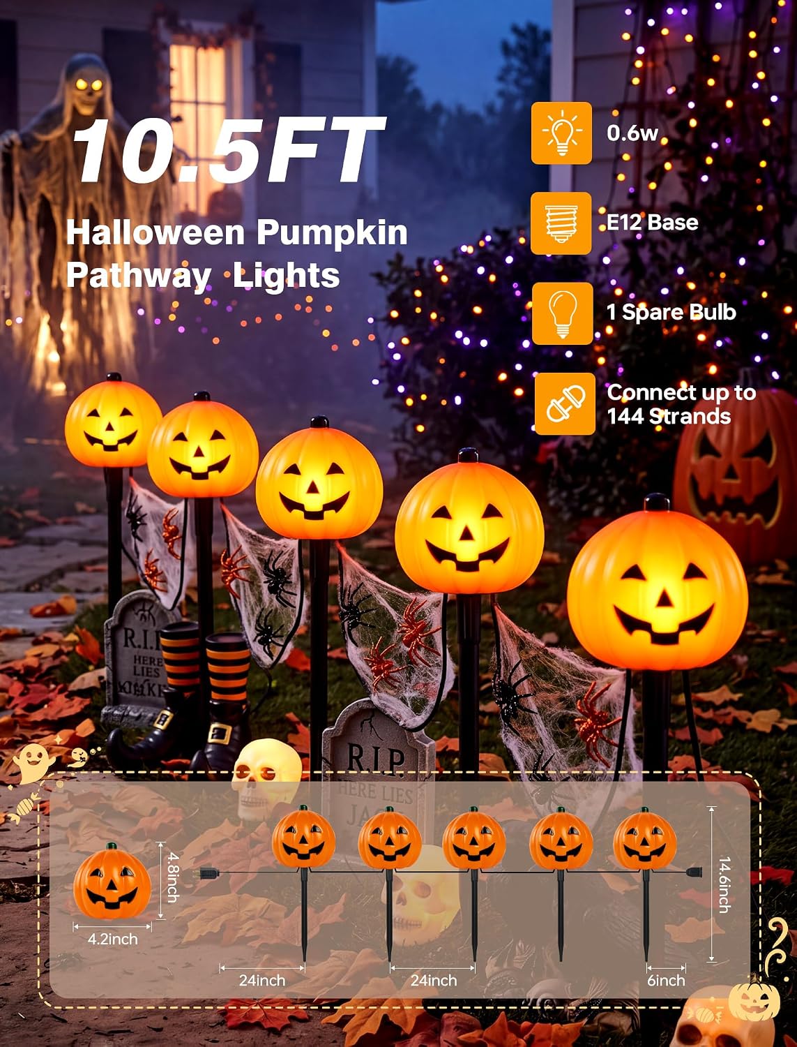 10.5FT Halloween Pathway Lights, 5PK LED Elf Stake Lights | IP65, UL Certified, Connectable Halloween Elf Pathway Marker Lights for Lawn Walkway Driveway Halloween Decorations