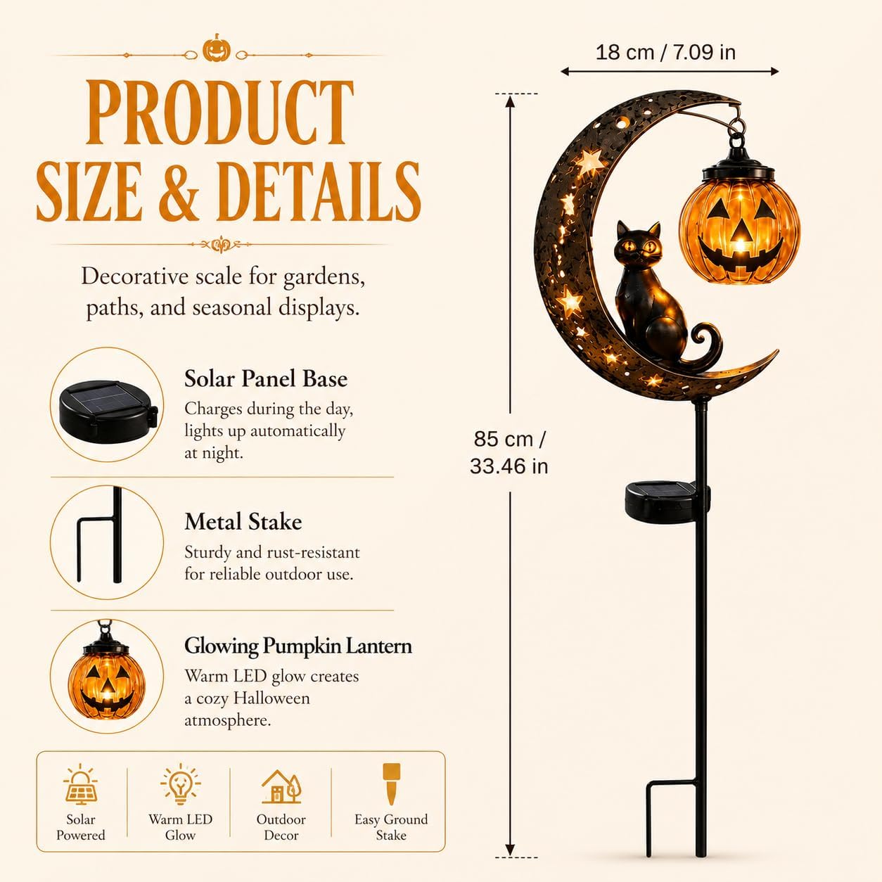 Solar Halloween Black Cat Garden Stake Light, Pumpkin Moon Yard Decor，#A | Solar-Powered Halloween Garden Stake with Glowing Pumpkin, Black Cat and Moon Design Festive Outdoor Yard Lawn Pathway Decor