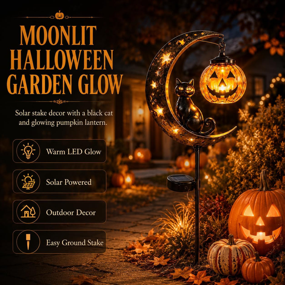 Solar Halloween Black Cat Garden Stake Light, Pumpkin Moon Yard Decor，#A | Solar-Powered Halloween Garden Stake with Glowing Pumpkin, Black Cat and Moon Design Festive Outdoor Yard Lawn Pathway Decor