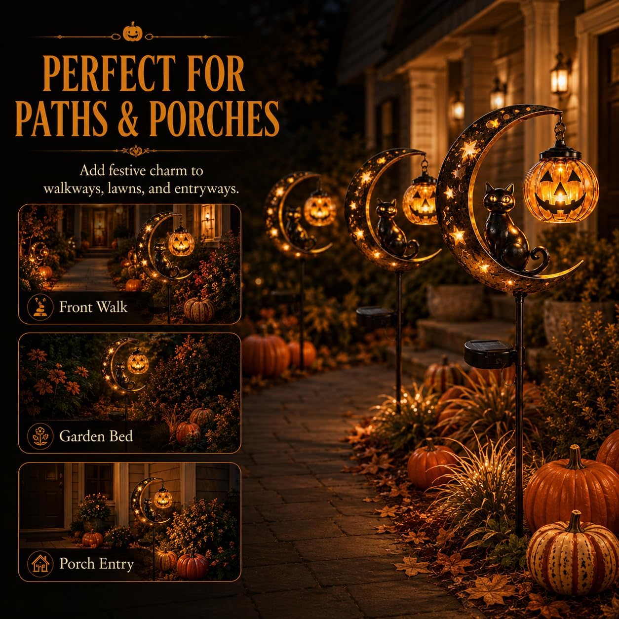 Solar Halloween Black Cat Garden Stake Light, Pumpkin Moon Yard Decor，#A | Solar-Powered Halloween Garden Stake with Glowing Pumpkin, Black Cat and Moon Design Festive Outdoor Yard Lawn Pathway Decor