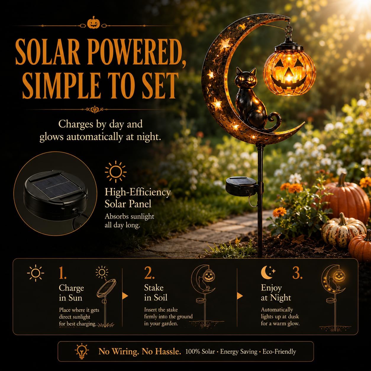 Solar Halloween Black Cat Garden Stake Light, Pumpkin Moon Yard Decor，#A | Solar-Powered Halloween Garden Stake with Glowing Pumpkin, Black Cat and Moon Design Festive Outdoor Yard Lawn Pathway Decor