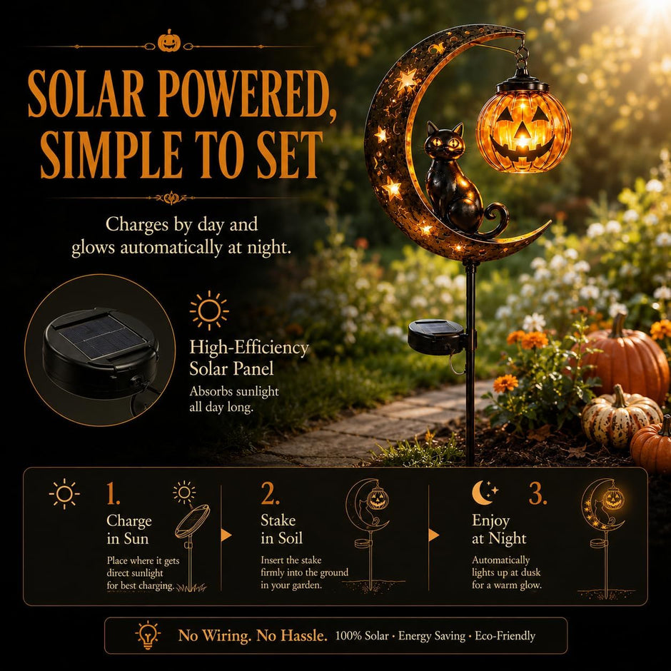 Solar Halloween Black Cat Garden Stake Light, Pumpkin Moon Yard Decor，#A | Solar-Powered Halloween Garden Stake with Glowing Pumpkin, Black Cat and Moon Design Festive Outdoor Yard Lawn Pathway Decor