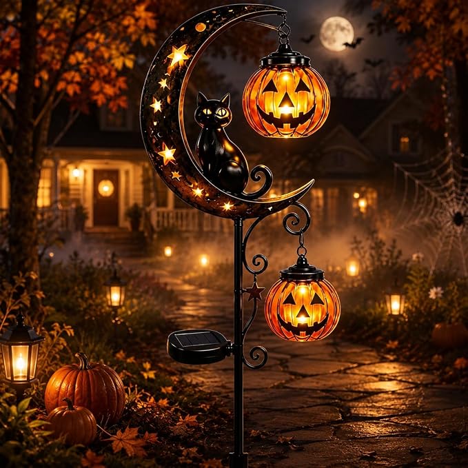 Solar Halloween Black Cat Garden Stake Light, Pumpkin Moon Yard Decor，#A | Solar-Powered Halloween Garden Stake with Glowing Pumpkin, Black Cat and Moon Design Festive Outdoor Yard Lawn Pathway Decor
