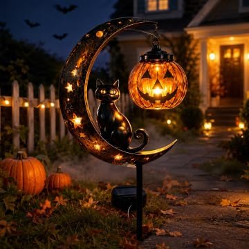 Solar Halloween Black Cat Garden Stake Light, Pumpkin Moon Yard Decor，#A | Solar-Powered Halloween Garden Stake with Glowing Pumpkin, Black Cat and Moon Design Festive Outdoor Yard Lawn Pathway Decor