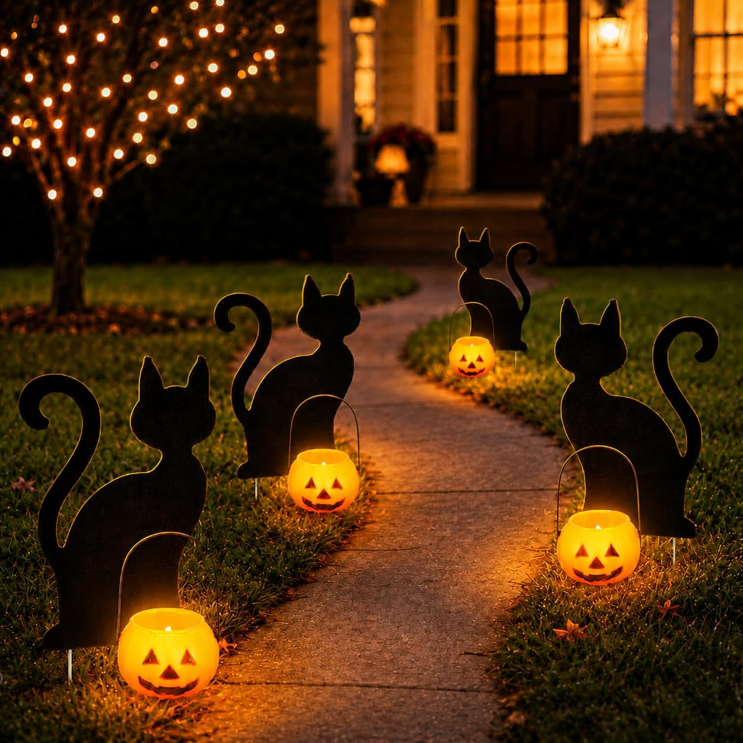 Fumete 4 Set Halloween Solar Pumpkin Cat Pathway Light, Outdoor Stake Decor | Halloween Black Cat Yard Stakes, Pumpkin Pathway Candles Lights, Wire Free Waterproof, Garden Patio Yard Lawn Outdoor Decor