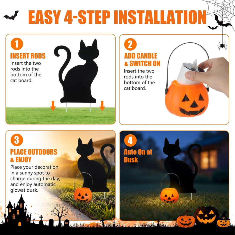 Fumete 4 Set Halloween Solar Pumpkin Cat Pathway Light, Outdoor Stake Decor | Halloween Black Cat Yard Stakes, Pumpkin Pathway Candles Lights, Wire Free Waterproof, Garden Patio Yard Lawn Outdoor Decor