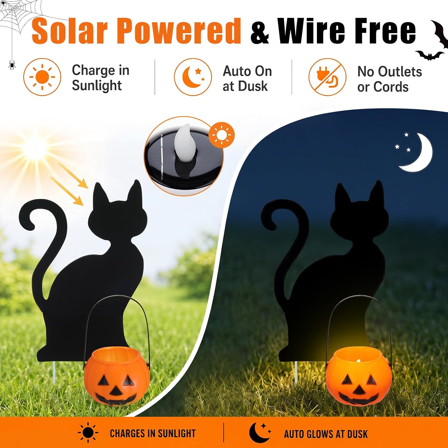 Fumete 4 Set Halloween Solar Pumpkin Cat Pathway Light, Outdoor Stake Decor | Halloween Black Cat Yard Stakes, Pumpkin Pathway Candles Lights, Wire Free Waterproof, Garden Patio Yard Lawn Outdoor Decor