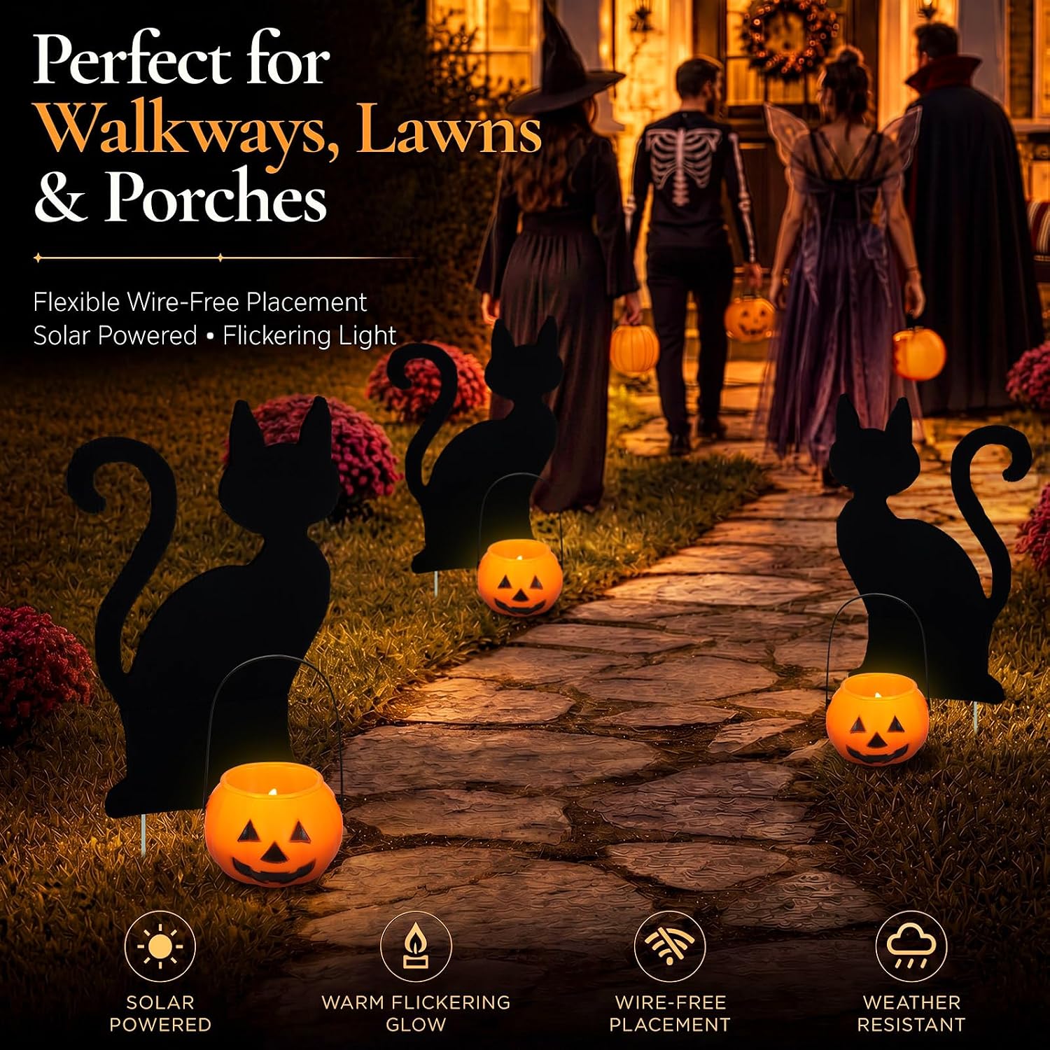 Fumete 4 Set Halloween Solar Pumpkin Cat Pathway Light, Outdoor Stake Decor | Halloween Black Cat Yard Stakes, Pumpkin Pathway Candles Lights, Wire Free Waterproof, Garden Patio Yard Lawn Outdoor Decor