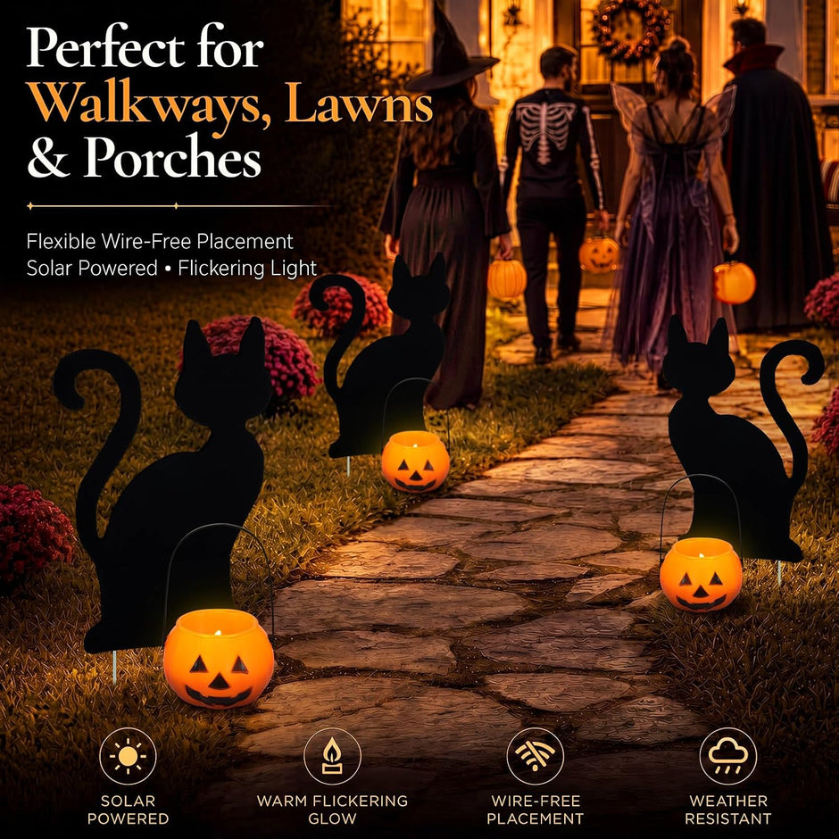 Fumete 4 Set Halloween Solar Pumpkin Cat Pathway Light, Outdoor Stake Decor | Halloween Black Cat Yard Stakes, Pumpkin Pathway Candles Lights, Wire Free Waterproof, Garden Patio Yard Lawn Outdoor Decor