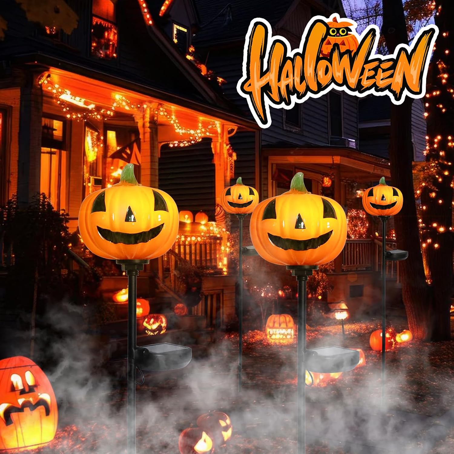 Afirst Halloween Pumpkin Pathway Solar Lights Handblown Glass Halloween Jack O Lantern Yard Display Solar LED Outdoor Décor Front Porch Decor 2 Pack, Orange