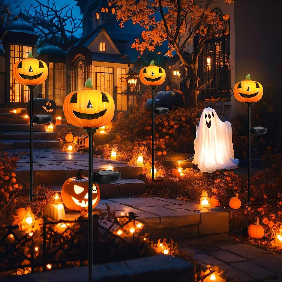 Afirst Halloween Pumpkin Pathway Solar Lights Handblown Glass Halloween Jack O Lantern Yard Display Solar LED Outdoor Décor Front Porch Decor 2 Pack, Orange
