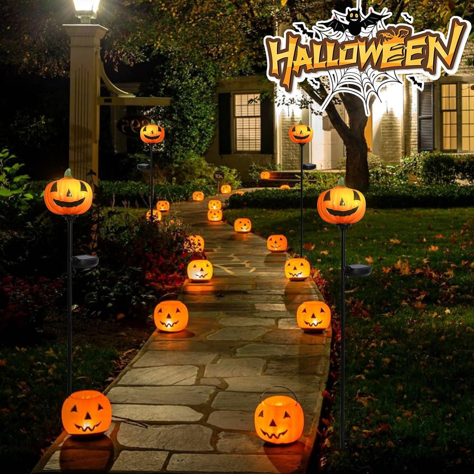 Afirst Halloween Pumpkin Pathway Solar Lights Handblown Glass Halloween Jack O Lantern Yard Display Solar LED Outdoor Décor Front Porch Decor 2 Pack, Orange