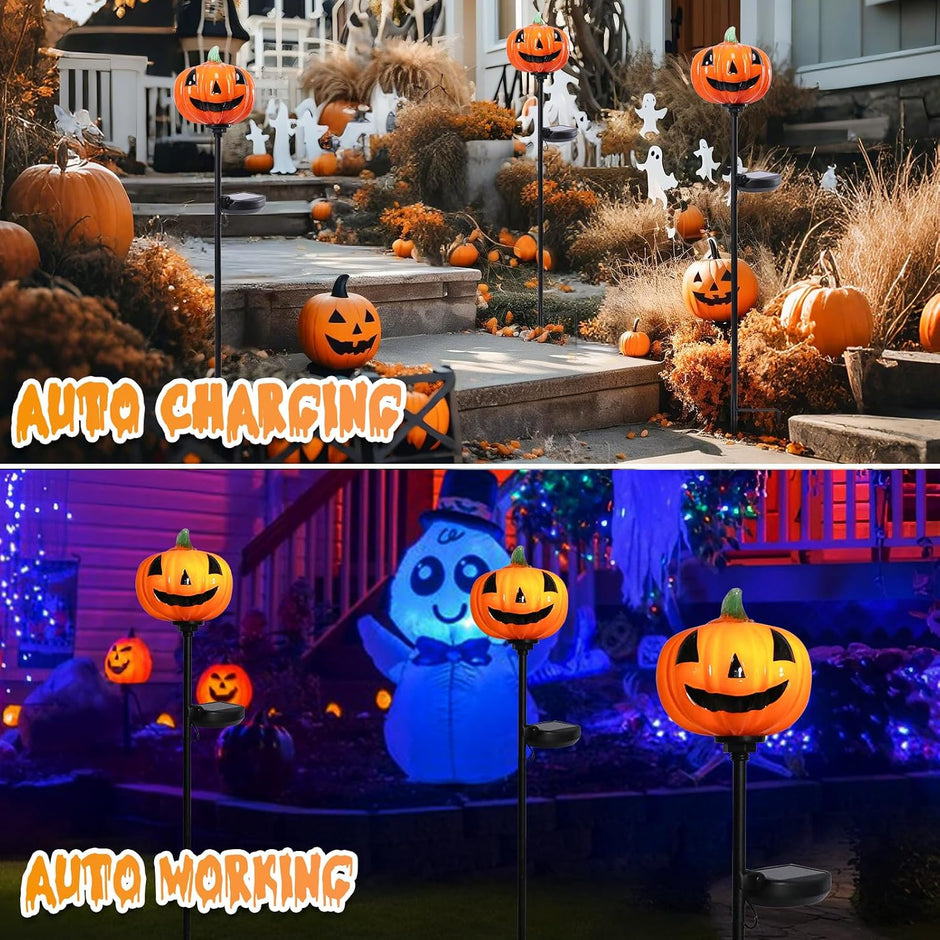 Afirst Halloween Pumpkin Pathway Solar Lights Handblown Glass Halloween Jack O Lantern Yard Display Solar LED Outdoor Décor Front Porch Decor 2 Pack, Orange