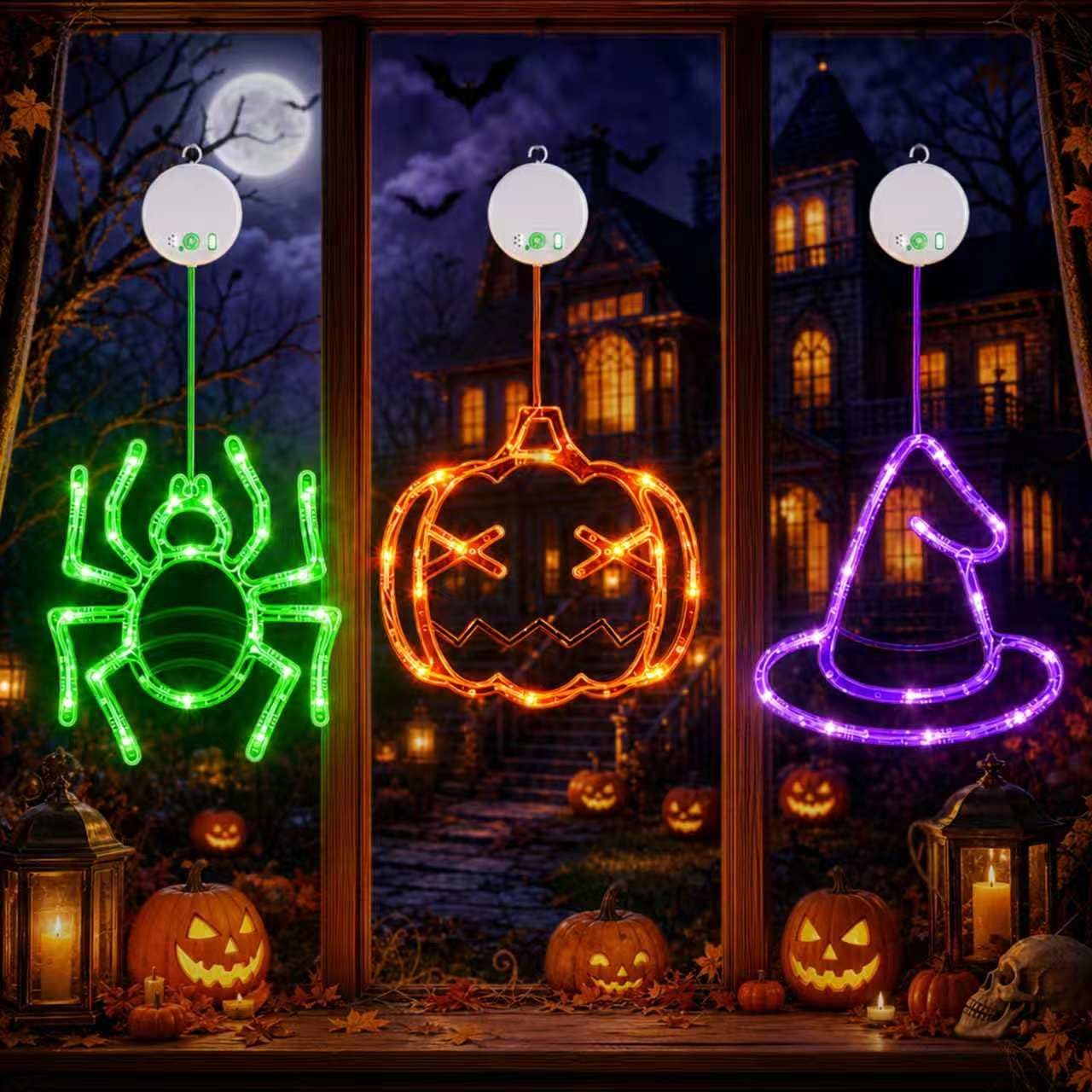 LOLStar Halloween Window Lights, 3 Pack Pumpkin, Spider, Witch Hat Lights | Halloween Decoration Lights, 2026 Upgraded Dyed Design, 8 Flashing Modes, Timer, Battery Operated, Suction Cup, Indoor Lights