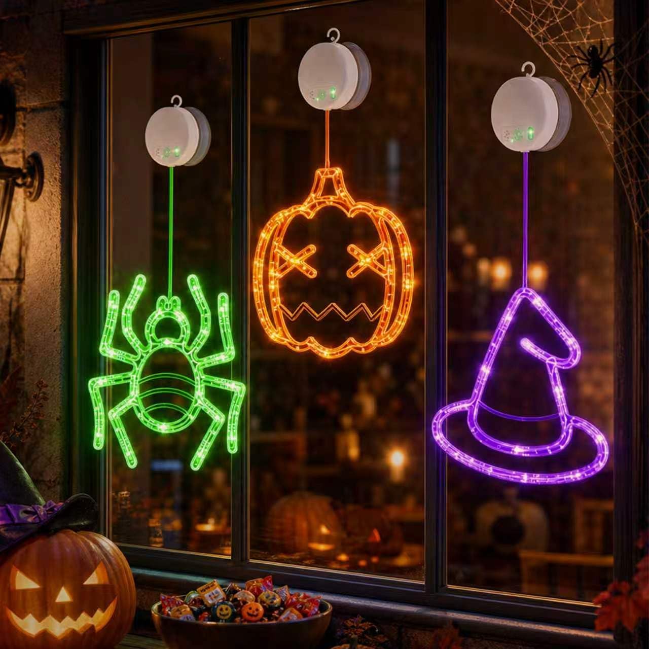 LOLStar Halloween Window Lights, 3 Pack Pumpkin, Spider, Witch Hat Lights | Halloween Decoration Lights, 2026 Upgraded Dyed Design, 8 Flashing Modes, Timer, Battery Operated, Suction Cup, Indoor Lights