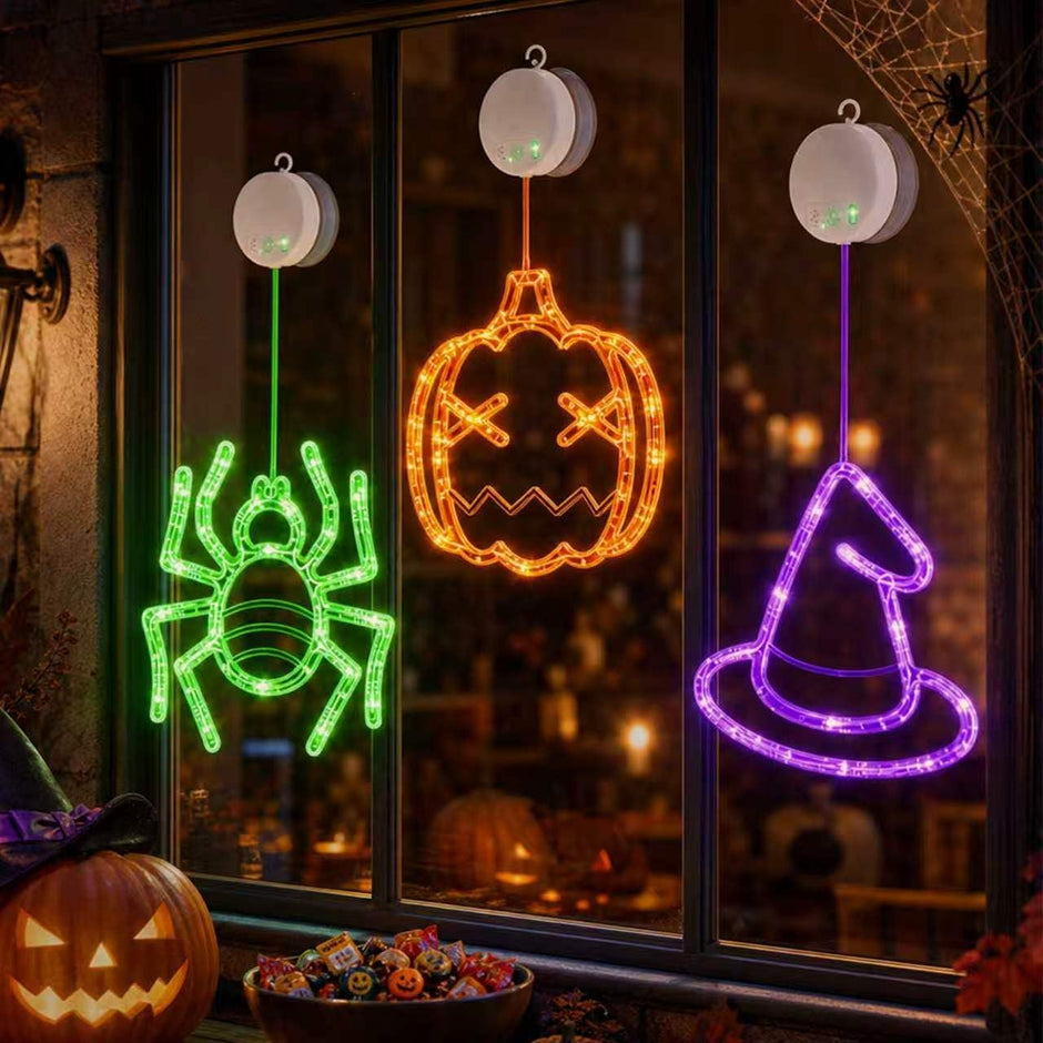 LOLStar Halloween Window Lights, 3 Pack Pumpkin, Spider, Witch Hat Lights | Halloween Decoration Lights, 2026 Upgraded Dyed Design, 8 Flashing Modes, Timer, Battery Operated, Suction Cup, Indoor Lights