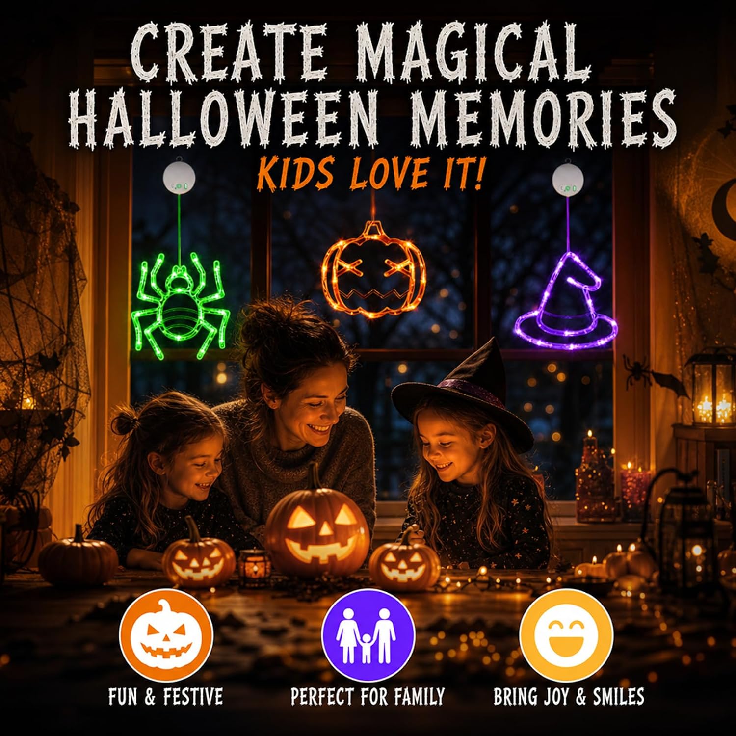 LOLStar Halloween Window Lights, 3 Pack Pumpkin, Spider, Witch Hat Lights | Halloween Decoration Lights, 2026 Upgraded Dyed Design, 8 Flashing Modes, Timer, Battery Operated, Suction Cup, Indoor Lights
