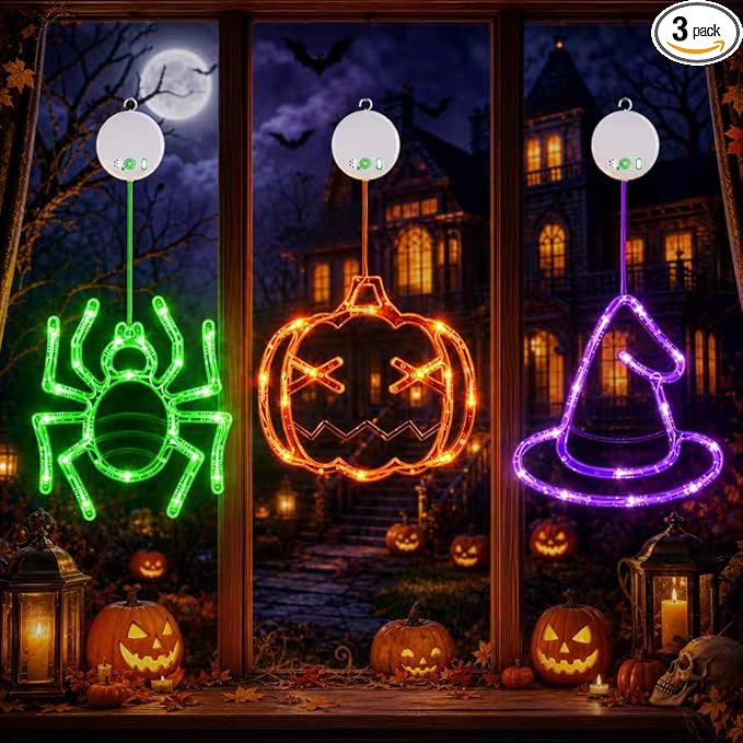 LOLStar Halloween Window Lights, 3 Pack Pumpkin, Spider, Witch Hat Lights | Halloween Decoration Lights, 2026 Upgraded Dyed Design, 8 Flashing Modes, Timer, Battery Operated, Suction Cup, Indoor Lights
