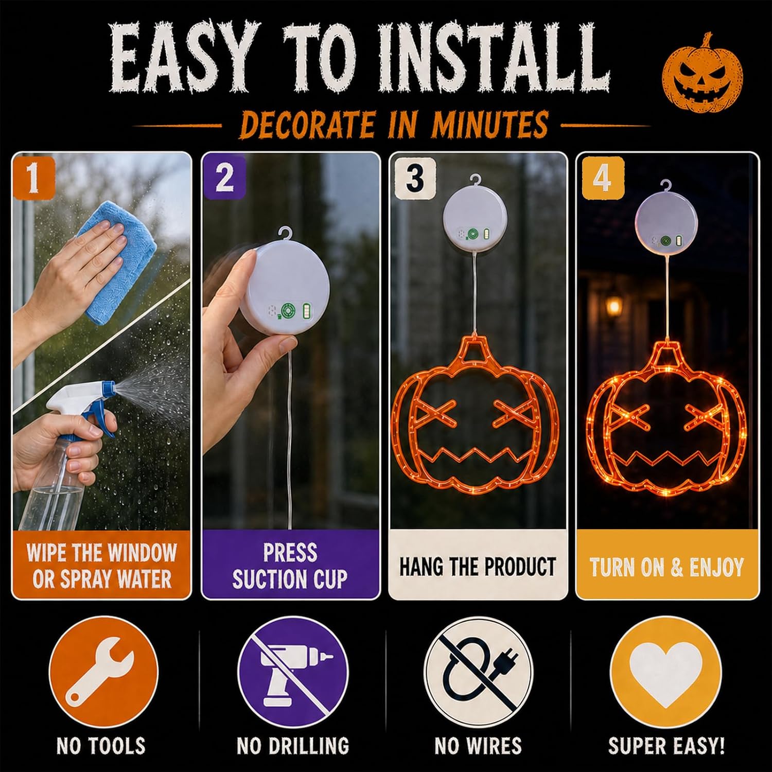 LOLStar Halloween Window Lights, 3 Pack Pumpkin, Spider, Witch Hat Lights | Halloween Decoration Lights, 2026 Upgraded Dyed Design, 8 Flashing Modes, Timer, Battery Operated, Suction Cup, Indoor Lights