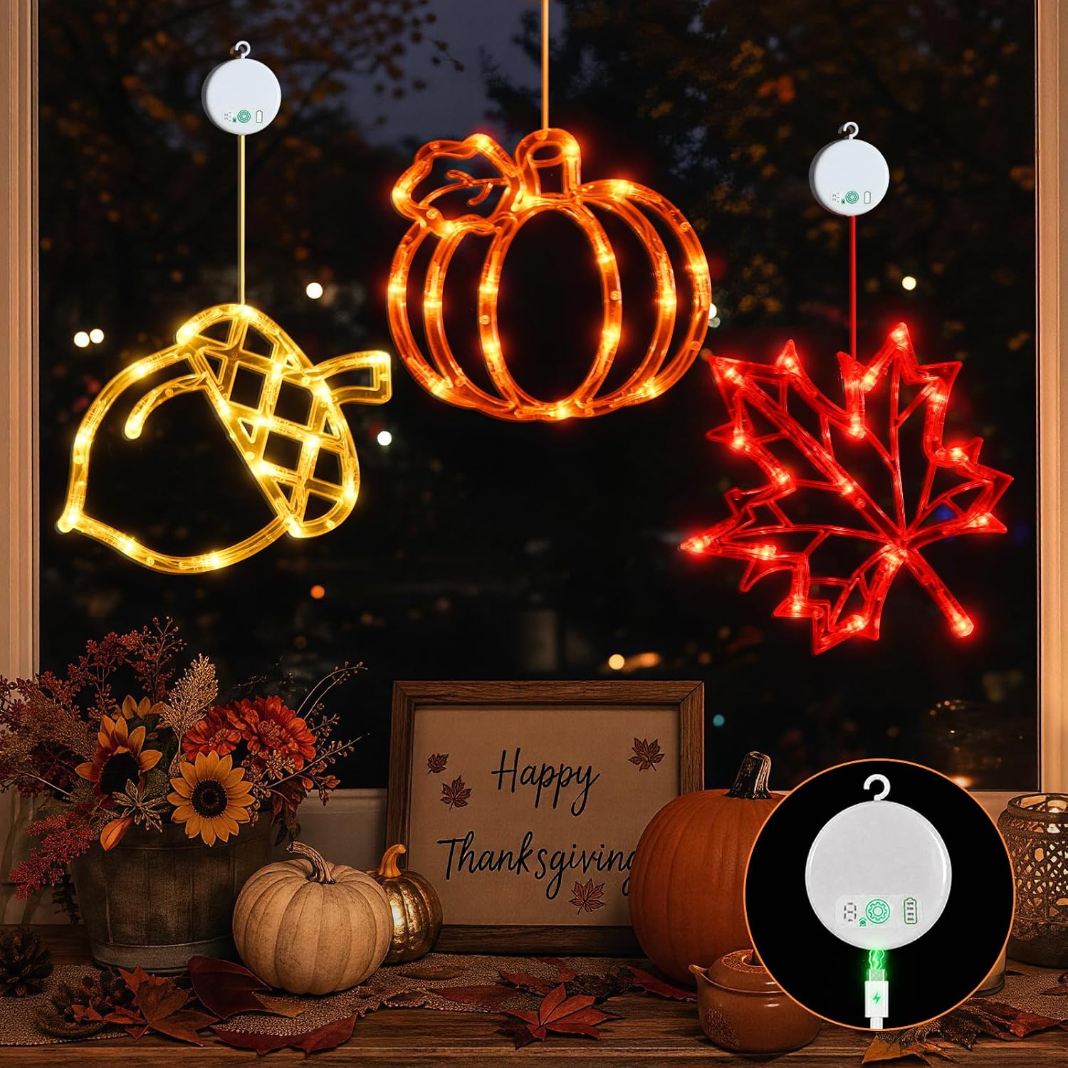 LOLStar Acorn Maple Leaves Pumpkin Thanksgiving Lights, 3 Pack Rechargeable | USB Rechargeable Thanksgiving Lights, Fall Lights with Suction Cups, 8 Flashing Mode and Timer, Autumn Decorations