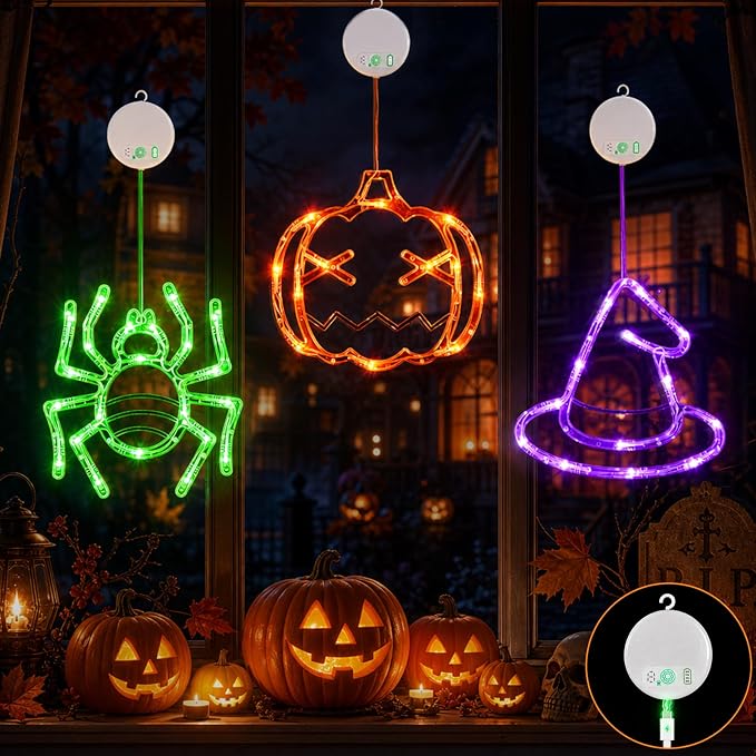 LOLStar Acorn Maple Leaves Pumpkin Thanksgiving Lights, 3 Pack Rechargeable | USB Rechargeable Thanksgiving Lights, Fall Lights with Suction Cups, 8 Flashing Mode and Timer, Autumn Decorations