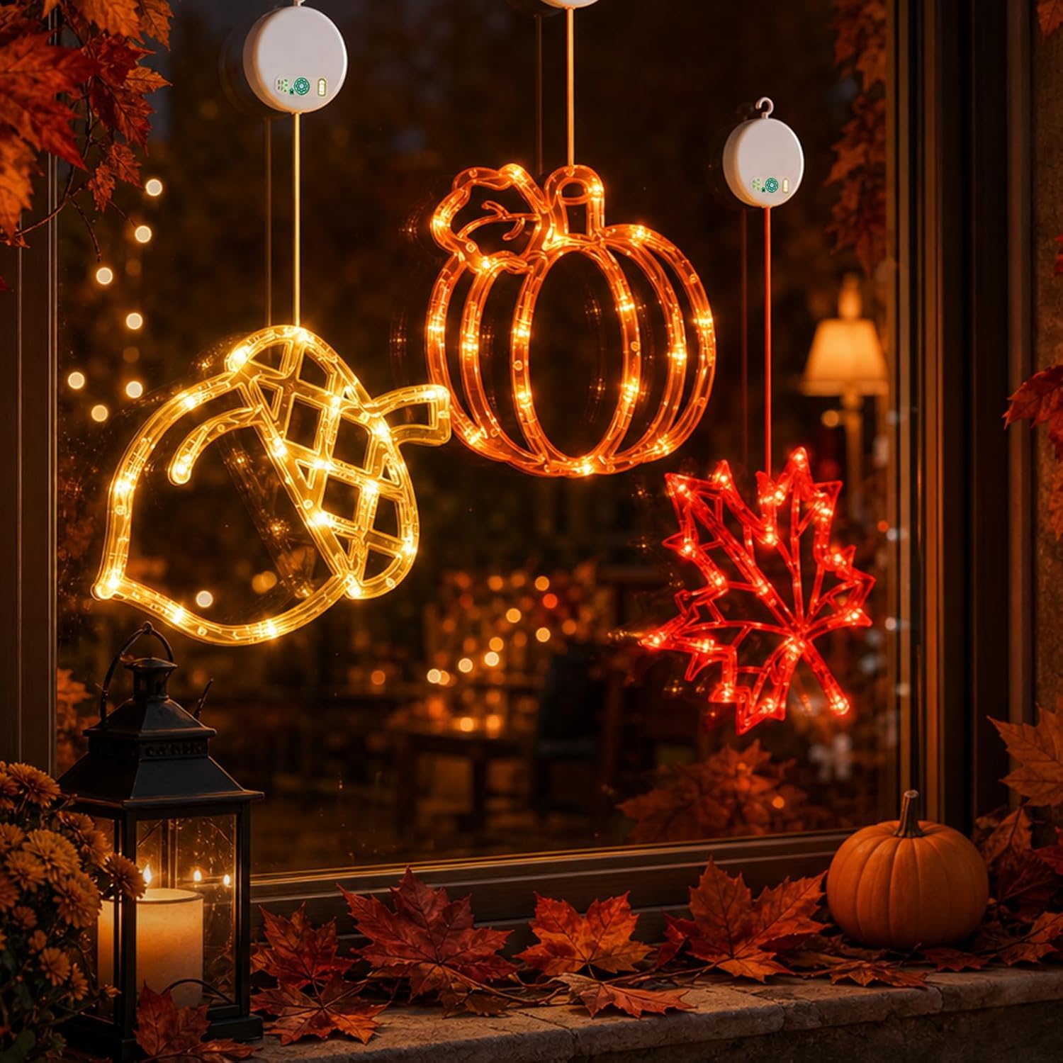LOLStar Acorn Maple Leaves Pumpkin Thanksgiving Lights, 3 Pack Rechargeable | USB Rechargeable Thanksgiving Lights, Fall Lights with Suction Cups, 8 Flashing Mode and Timer, Autumn Decorations