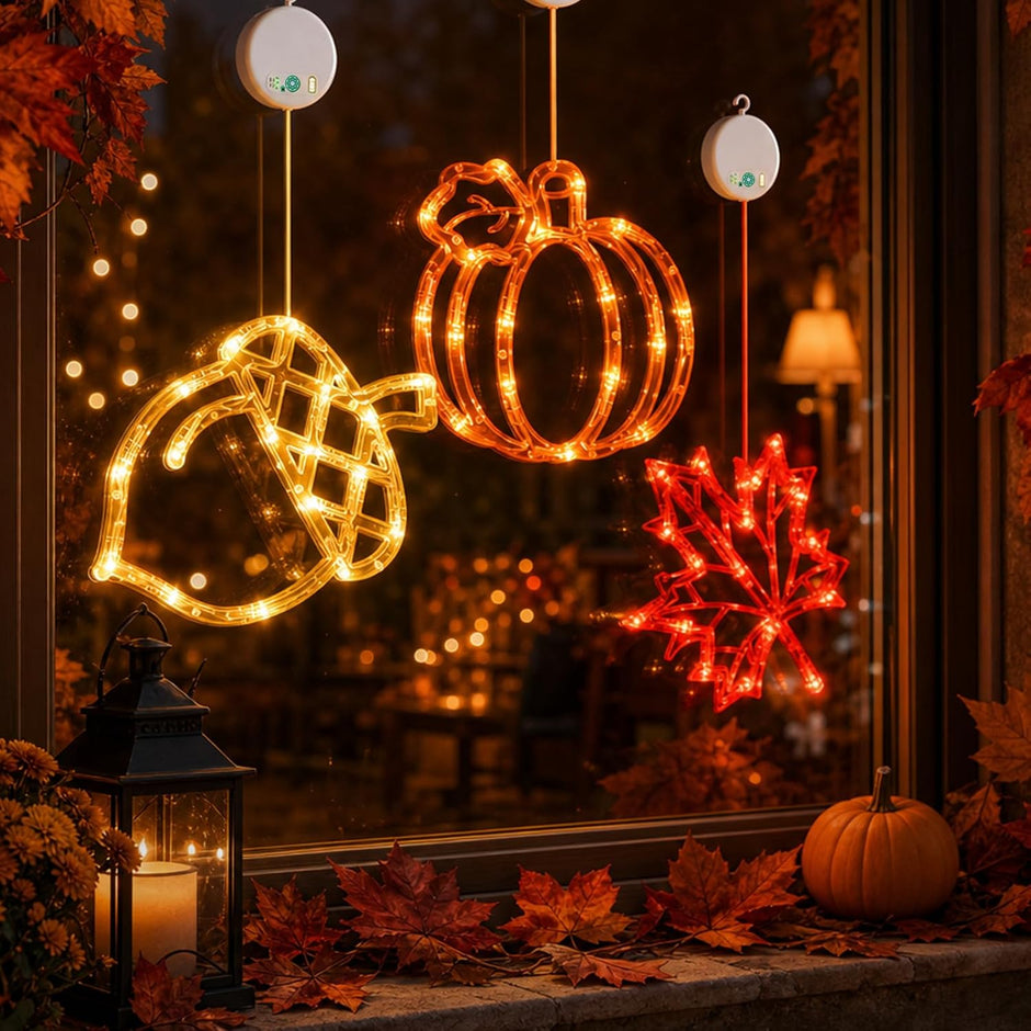 LOLStar Acorn Maple Leaves Pumpkin Thanksgiving Lights, 3 Pack Rechargeable | USB Rechargeable Thanksgiving Lights, Fall Lights with Suction Cups, 8 Flashing Mode and Timer, Autumn Decorations