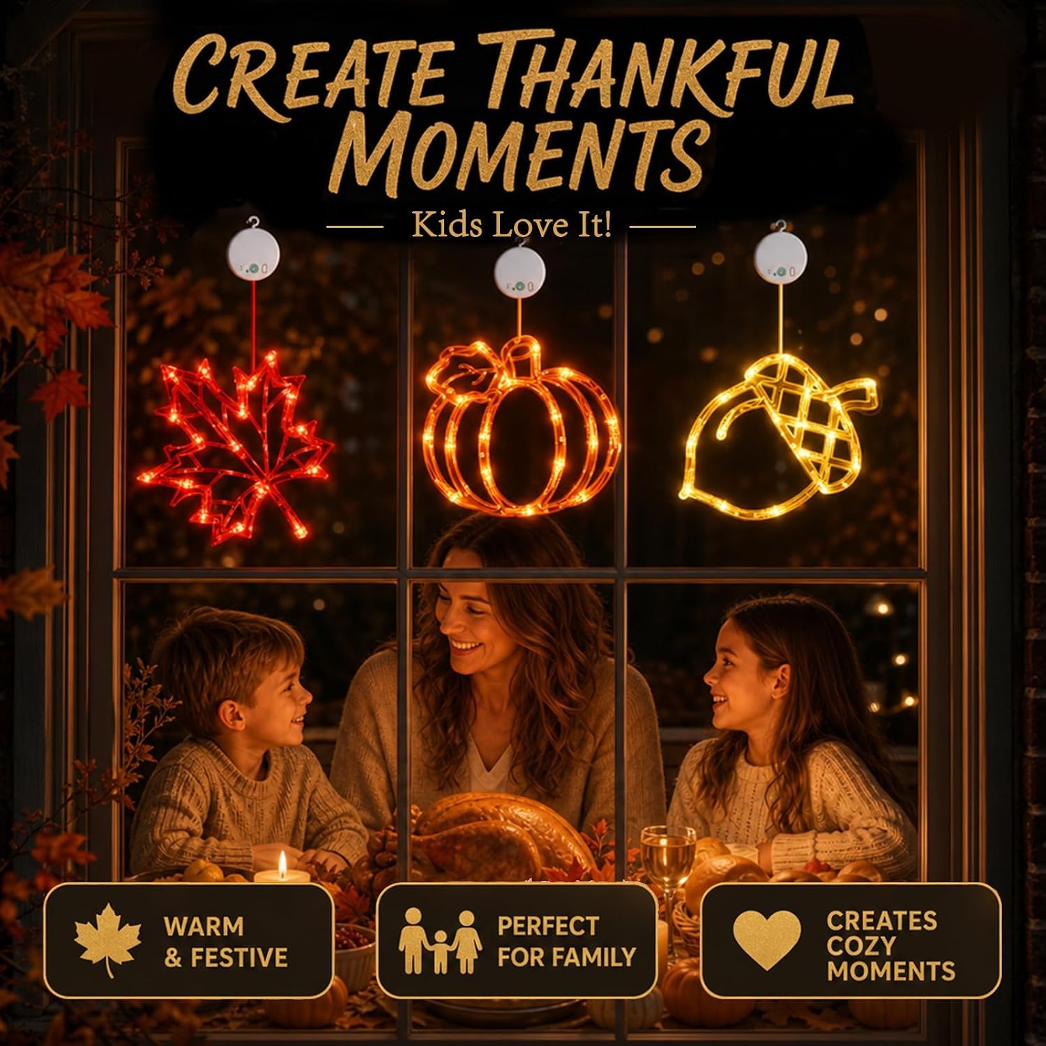 LOLStar Acorn Maple Leaves Pumpkin Thanksgiving Lights, 3 Pack Rechargeable | USB Rechargeable Thanksgiving Lights, Fall Lights with Suction Cups, 8 Flashing Mode and Timer, Autumn Decorations