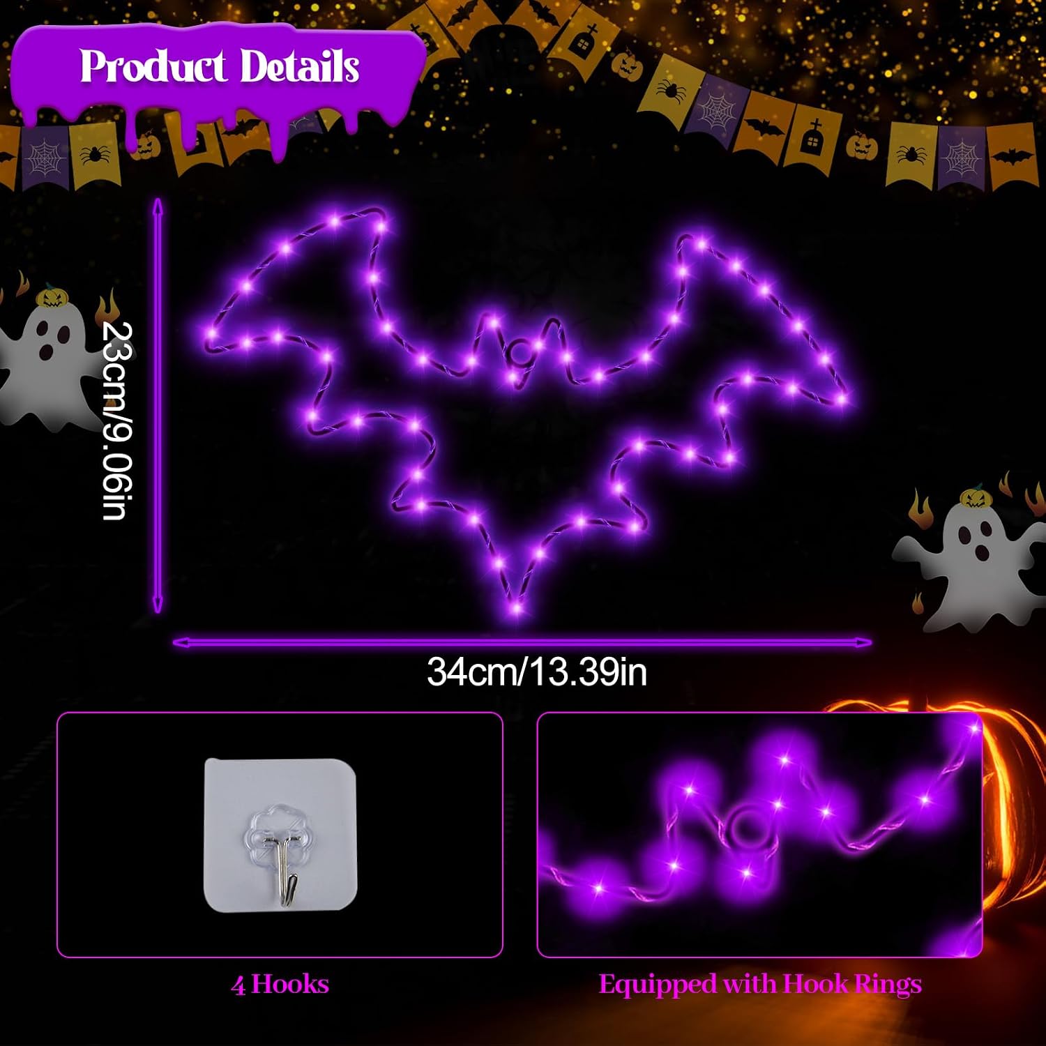 Halloween Window Lights, 2 Pack LED Waterproof Timer Indoor Decor | Purple Metal Bat Shapes, 8 Lighting Modes, 6H Timer, Waterproof, Adhesive Hooks, Batteries Not Included, for Windows