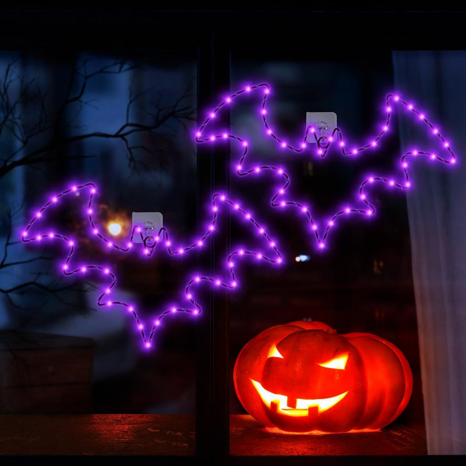 Halloween Window Lights, 2 Pack LED Waterproof Timer Indoor Decor | Purple Metal Bat Shapes, 8 Lighting Modes, 6H Timer, Waterproof, Adhesive Hooks, Batteries Not Included, for Windows