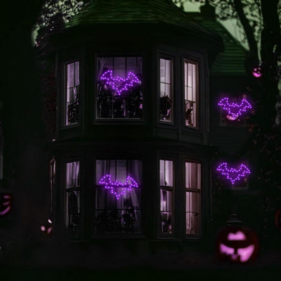 Halloween Window Lights, 2 Pack LED Waterproof Timer Indoor Decor | Purple Metal Bat Shapes, 8 Lighting Modes, 6H Timer, Waterproof, Adhesive Hooks, Batteries Not Included, for Windows