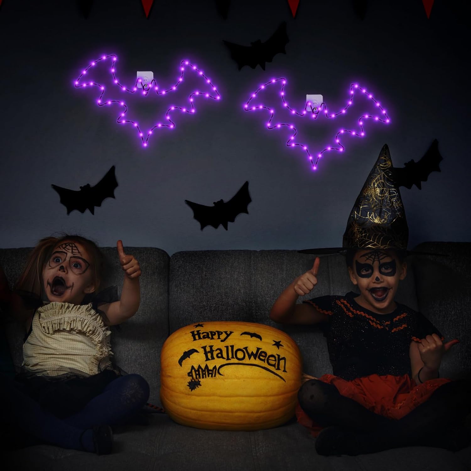 Halloween Window Lights, 2 Pack LED Waterproof Timer Indoor Decor | Purple Metal Bat Shapes, 8 Lighting Modes, 6H Timer, Waterproof, Adhesive Hooks, Batteries Not Included, for Windows