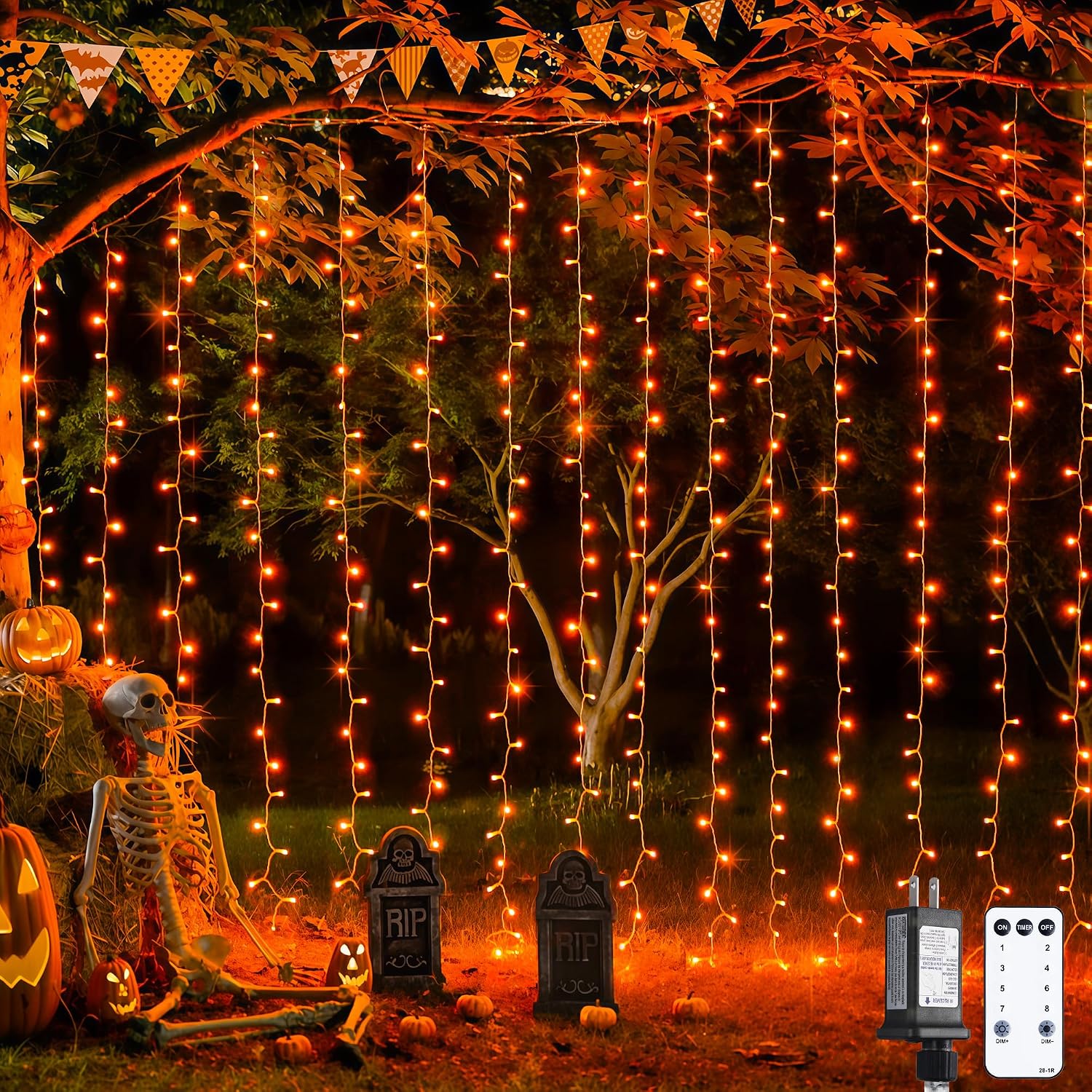 JMEXSUSS 300LED Orange Halloween Curtain Lights with Remote