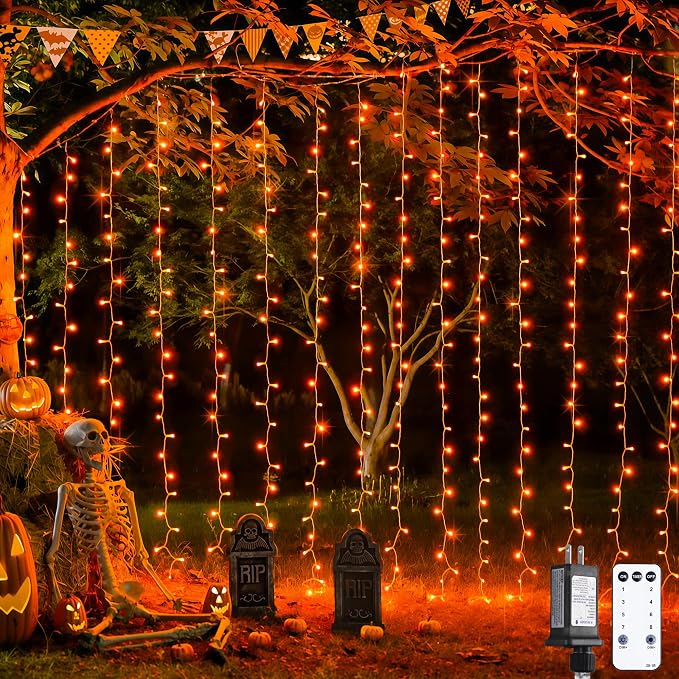 JMEXSUSS 300LED Orange Halloween Curtain Lights with Remote