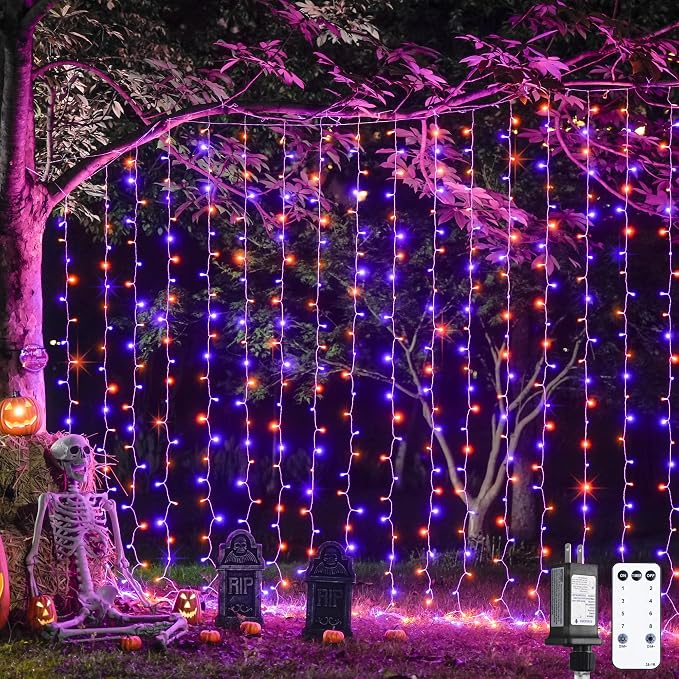 JMEXSUSS 300LED Orange Halloween Curtain Lights with Remote