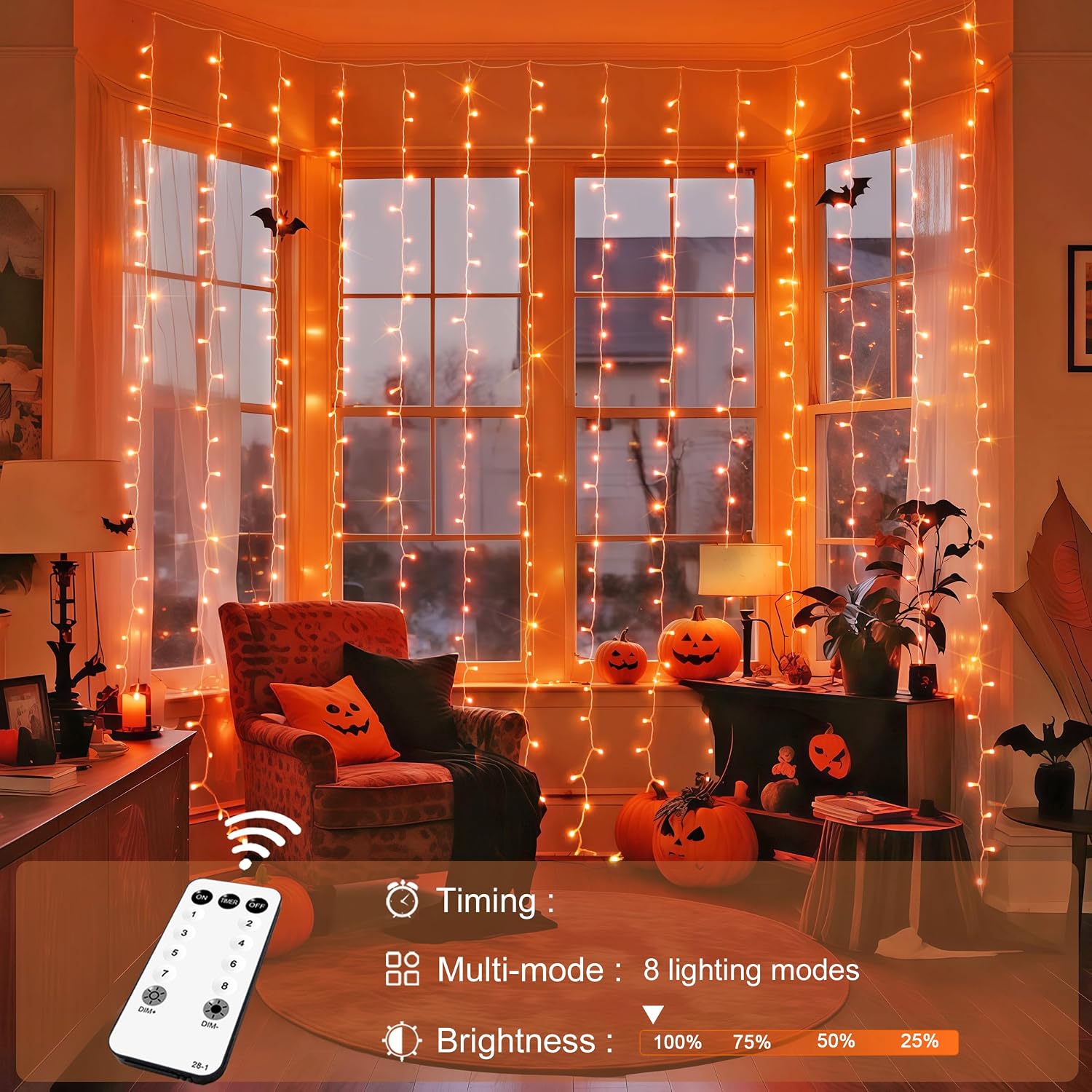 JMEXSUSS 300LED Orange Halloween Curtain Lights with Remote