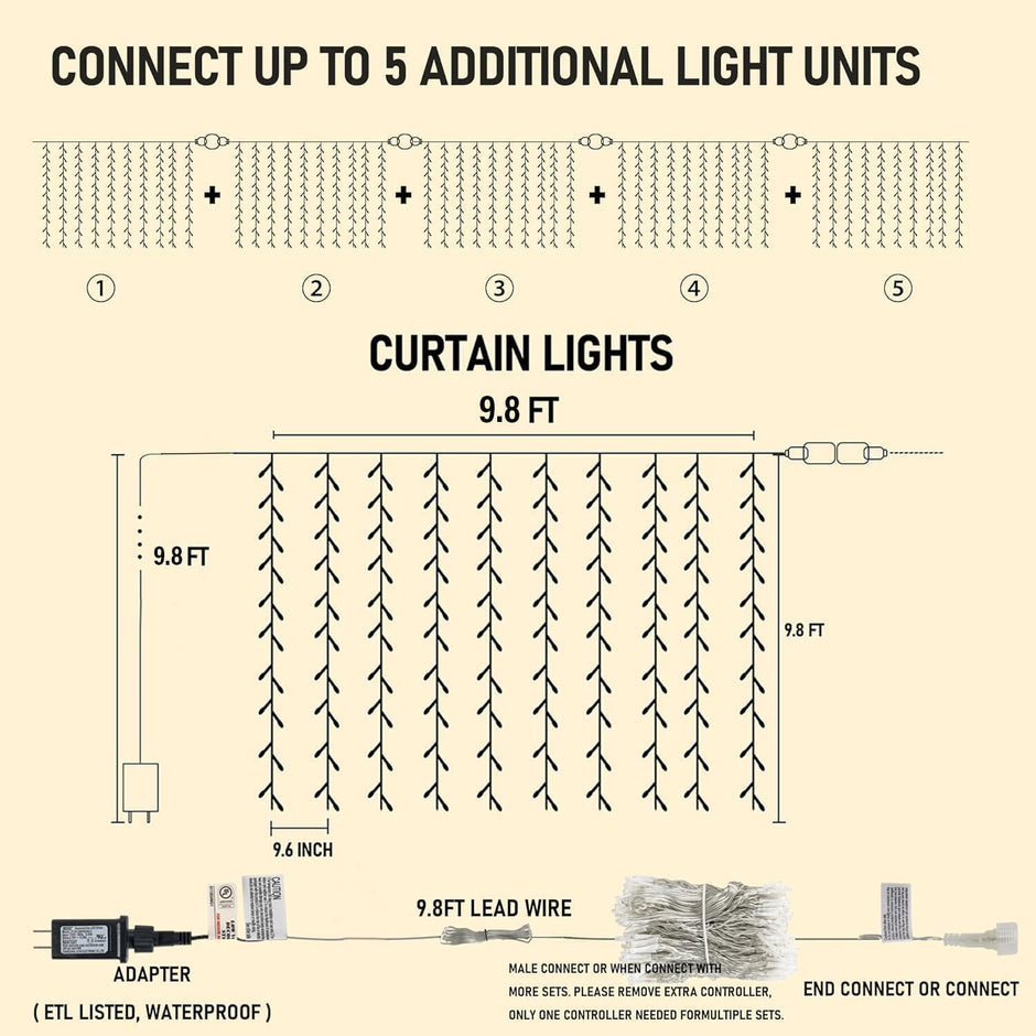 Dazzle Bright 300 LED Curtain Lights, Plug in Fairy Curtain Lights for Bedroom, Christmas Hanging String Lights Outdoor for Window Backdrop Wall Wedding Patio Indoor Dorm Party Decor, Warm White