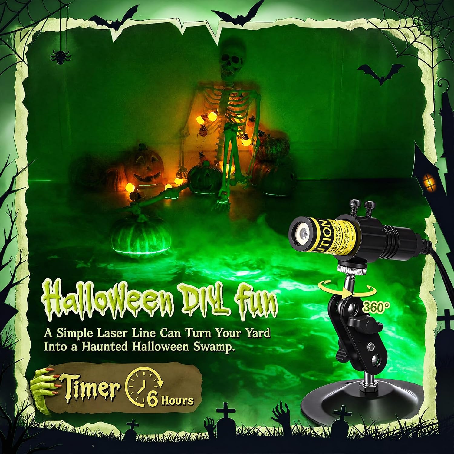 Aurelema 1 Pack Green Laser Halloween Module Generator with Timer,Green | Halloween Projector Light, Work with Low Lying Fog Machine (Not Included), IP67 Waterproof Outdoor Scary House Garden Decor