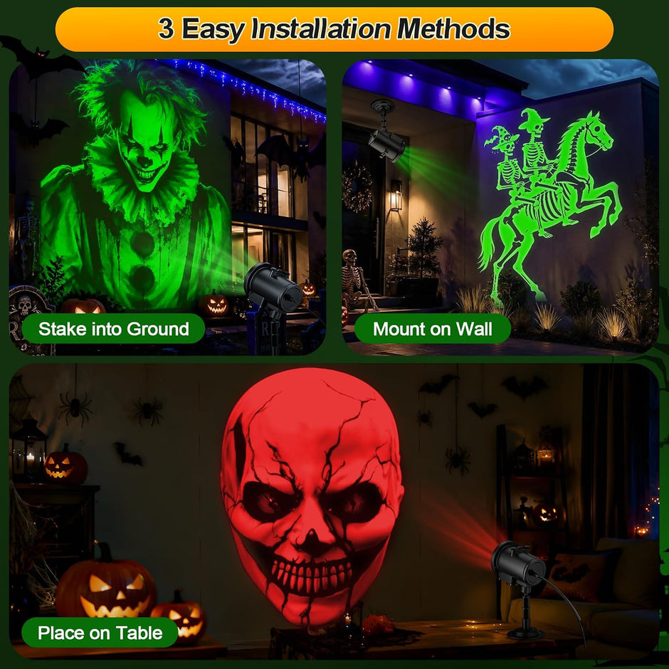 12-in-1 Halloween Projector Lights, Outdoor Dynamic Halloween Projector | with Motion Effects, Clown Skeleton Spider Pumpkin Patterns, Holiday Projection Light for Yard Wall Window Garage Decorations