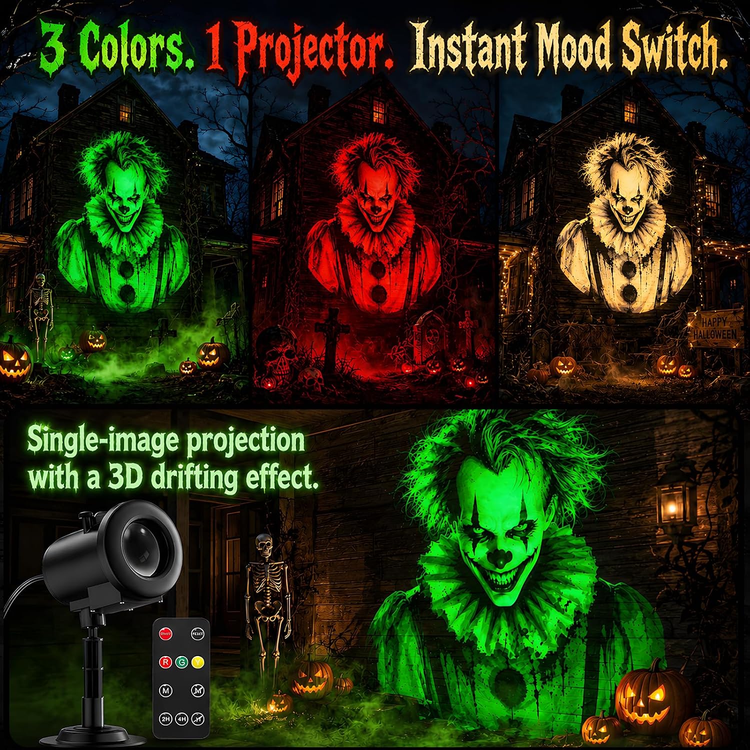 12-in-1 Halloween Projector Lights, Outdoor Dynamic Halloween Projector | with Motion Effects, Clown Skeleton Spider Pumpkin Patterns, Holiday Projection Light for Yard Wall Window Garage Decorations